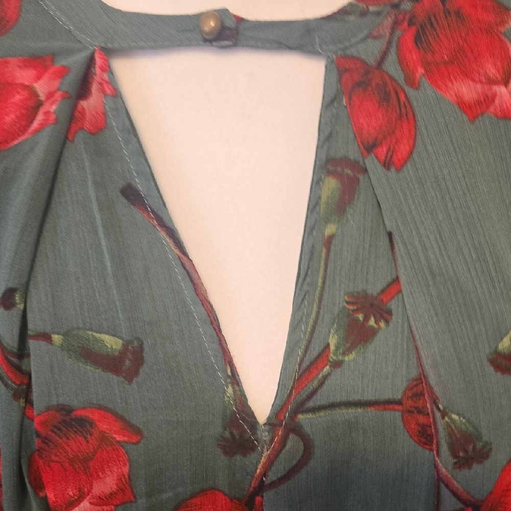 Umgee Red and Green Asymmetrical Bell Sleeve Mini Dress - Picture 7 of 10
